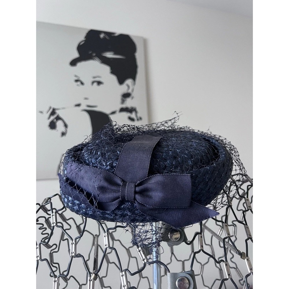 Vintage Navy Blue Woven Straw Pillbox Hat Birdcage Veil Bow Union Made 1950s 60s